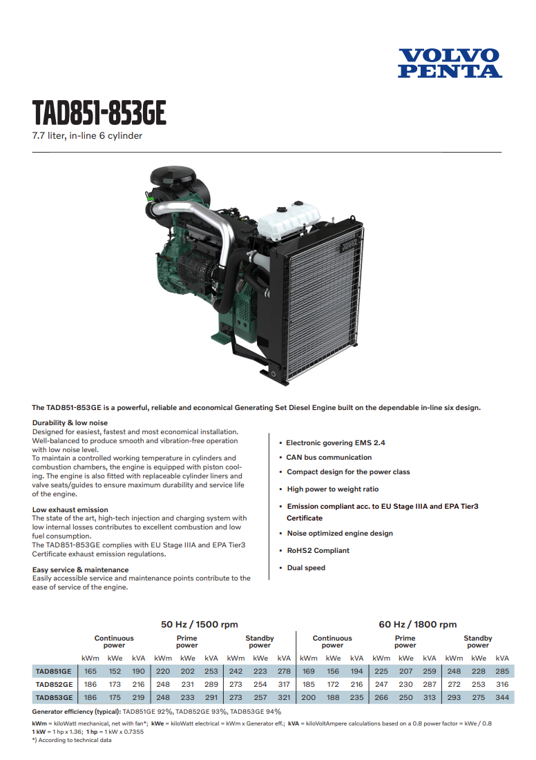 沃尔沃遍达TAD851GE,TAD852GE,TAD853GE柴油机技术参数